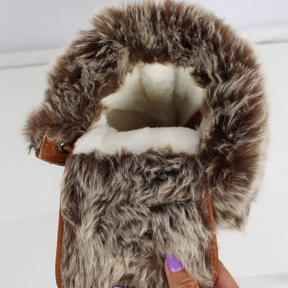 Tan Nylon Lace Up Faux Fur Cuff Winter Snow Boot - Picture 8 of 8